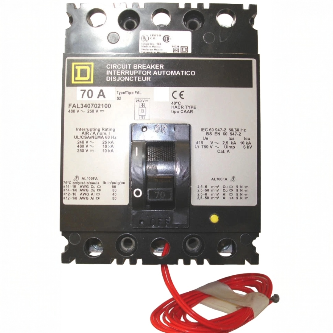 Square D FAL 3 Pole, 70 Amp, 480 Volt Circuit Breaker with Bell Alarm Switch