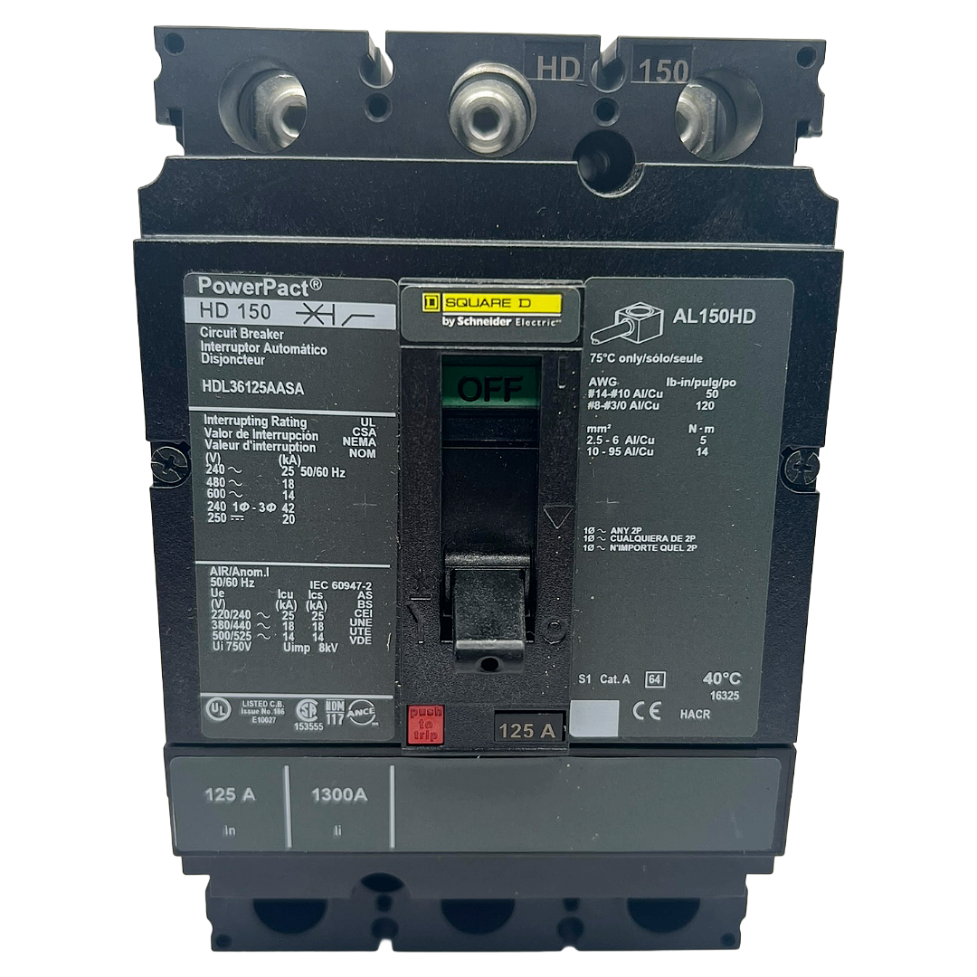 Square D HDL 3 Pole, 125 Amp PowerPact Shunt Trip Circuit Breaker with Aux Switch