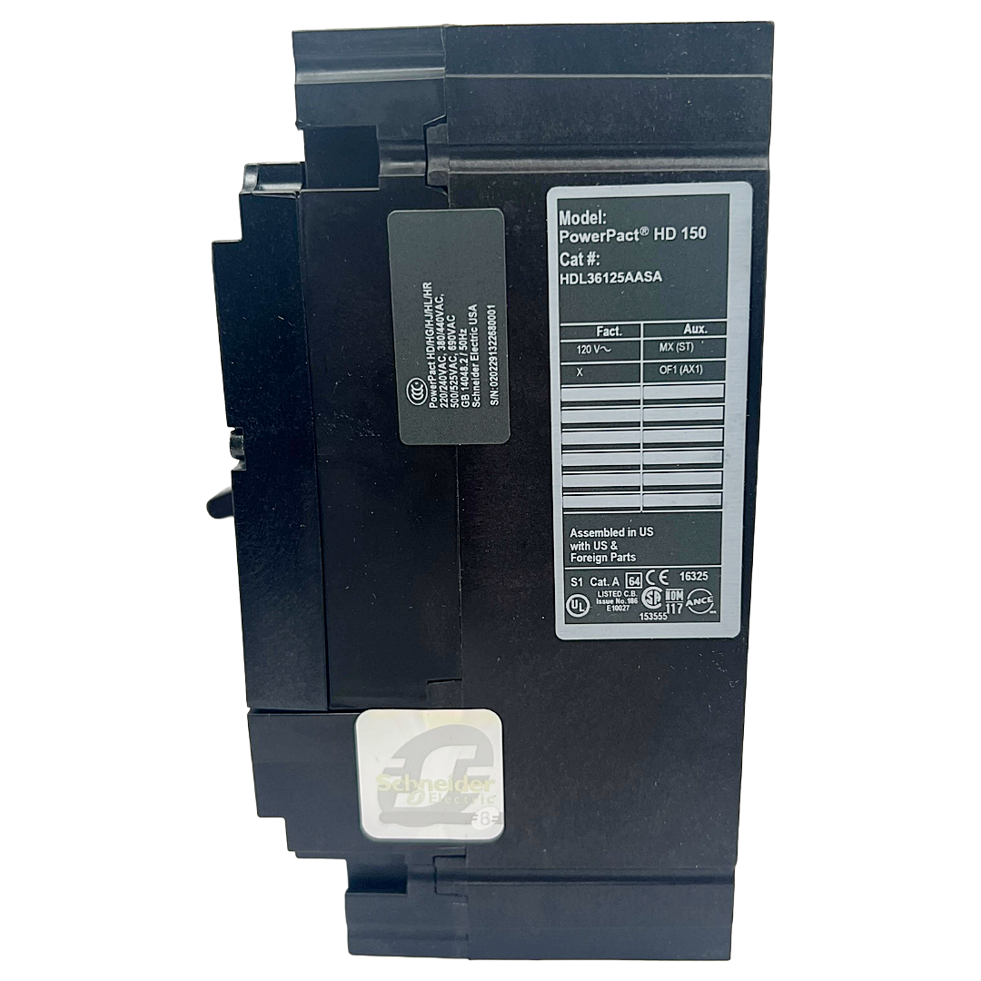 Square D HDL 3 Pole, 125 Amp PowerPact Shunt Trip Circuit Breaker with Aux Switch