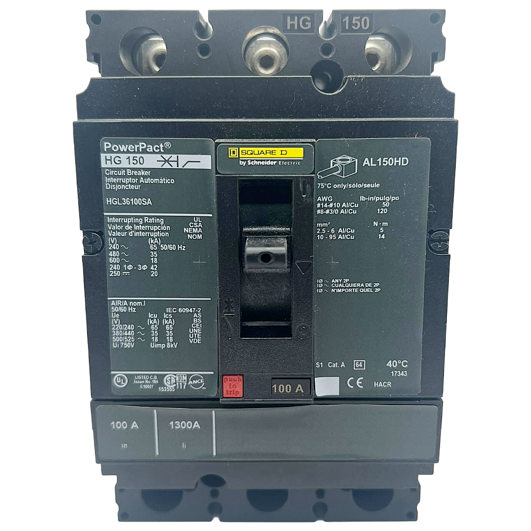 Square D HGL 3 Pole, 100 Amp, 600VAC PowerPact Circuit Breaker with Shunt Trip