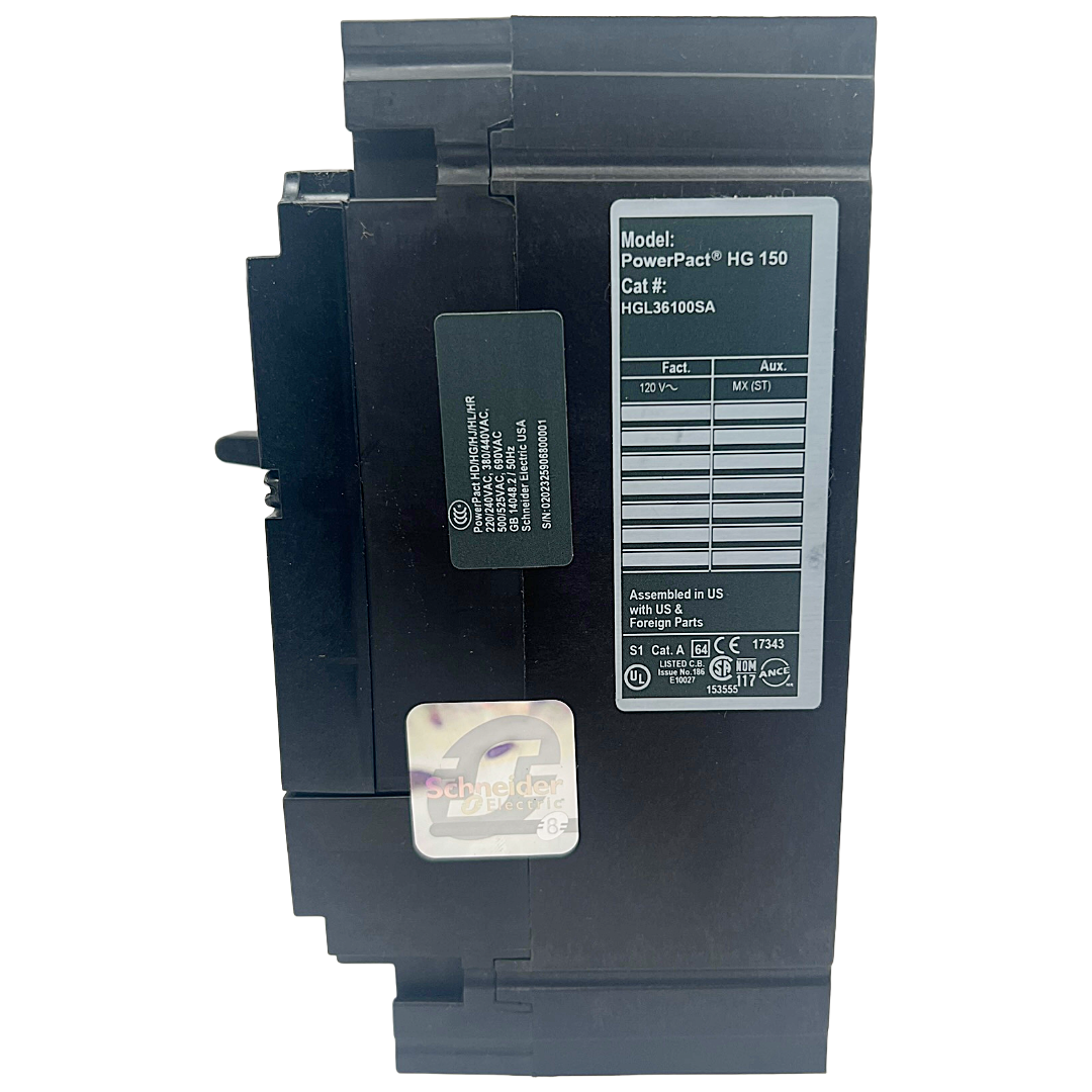 Square D HGL 3 Pole, 100 Amp, 600VAC PowerPact Circuit Breaker with Shunt Trip