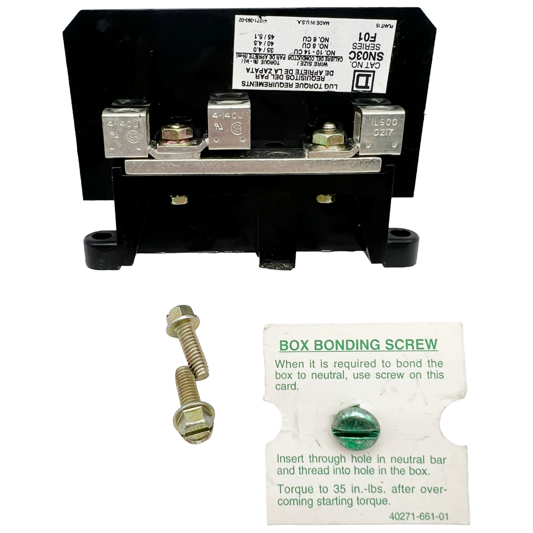 Electrical component with screws and a bonding screw label on a white background