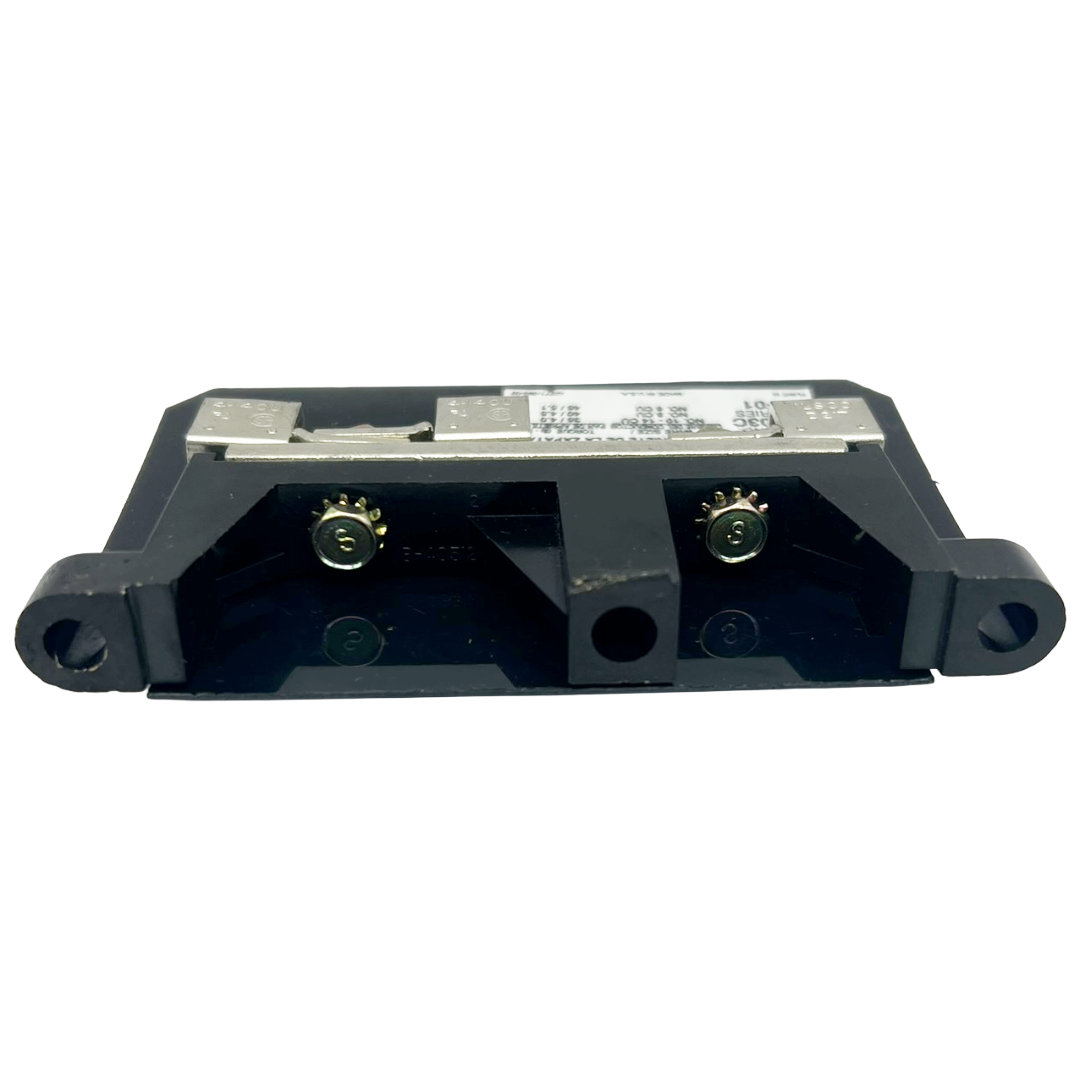 Black electrical component with screws on a white background