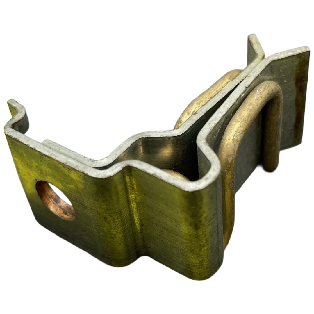 Metal bracket with brass finish on a white background