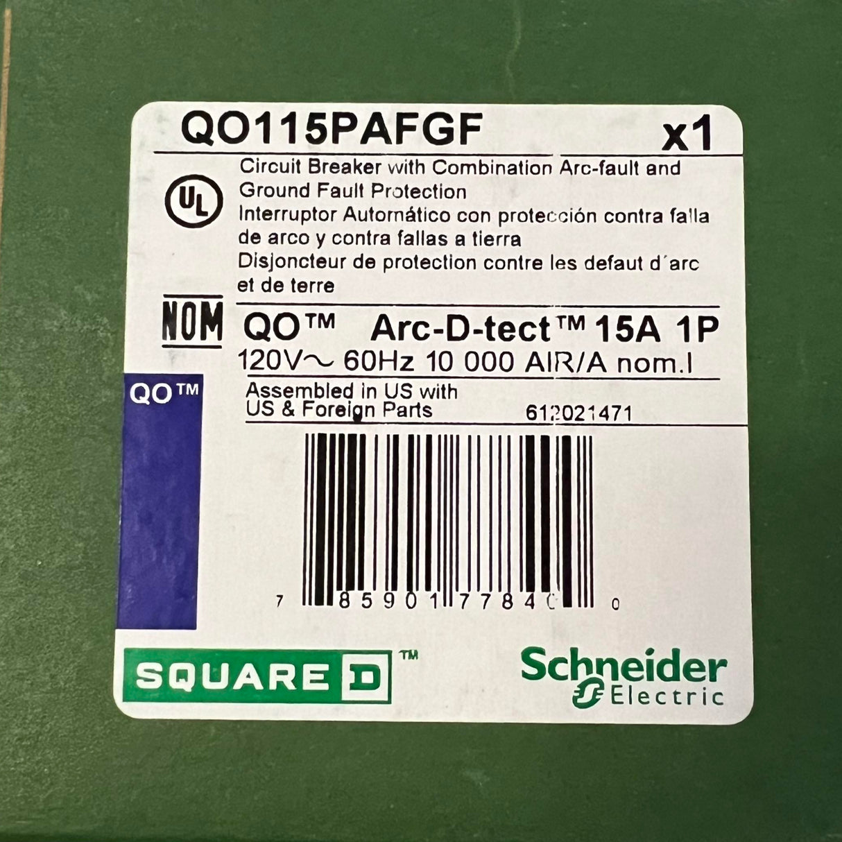 Square D QO115PAFGF - 15 Amp Combination Arc and Ground Fault Breaker
