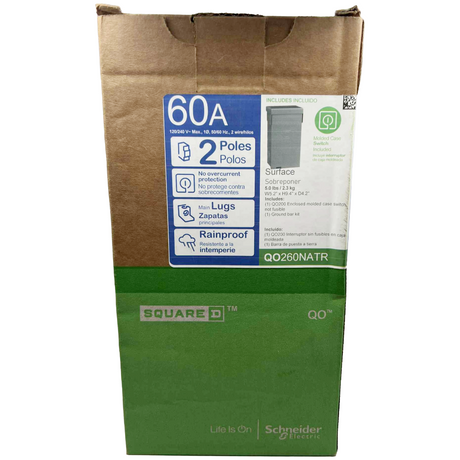 Box of Squared D electrical components with specifications on a white background