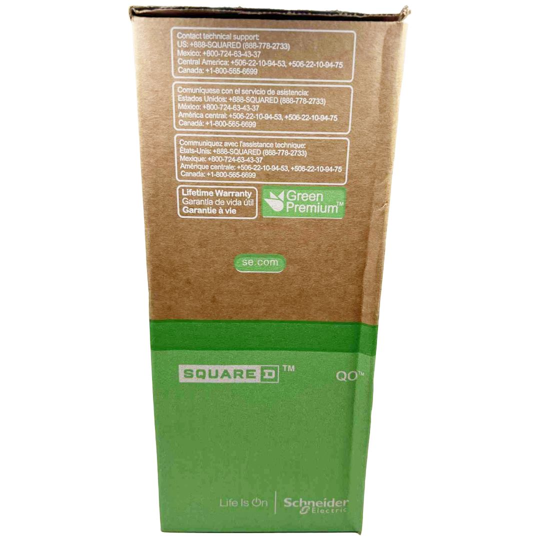 Green and brown packaging box with Square D and Schneider Electric branding on a white background