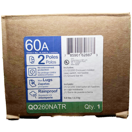 Cardboard box with a label detailing product specifications on a white background