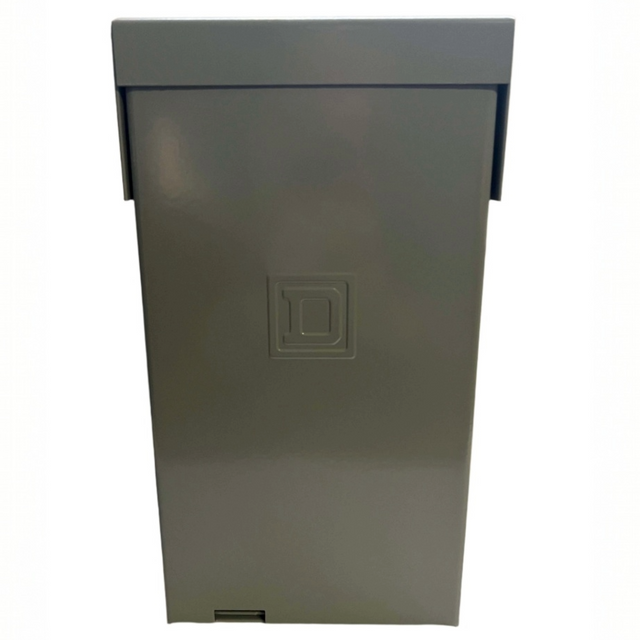 Gray metal box with a square logo on a white background