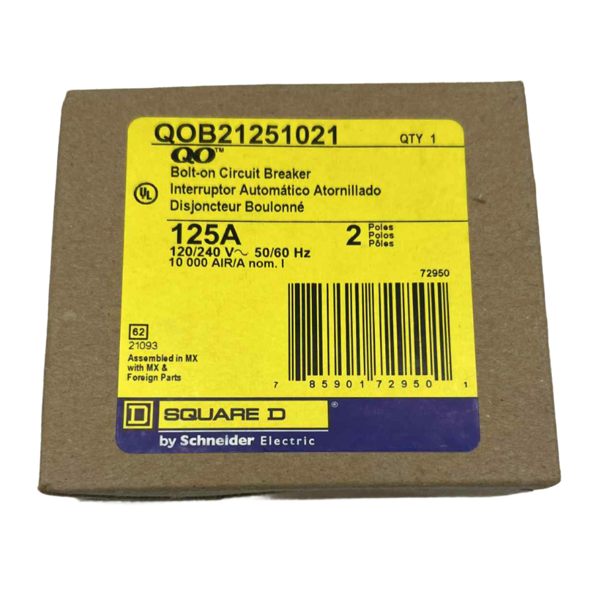 Square D QO 125 Amp, 2 Pole, Bolt-On Circuit Breaker With Shunt Trip