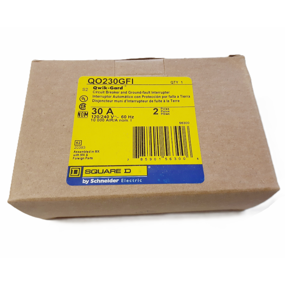 Cardboard box with a yellow label featuring Square D branding on a white background