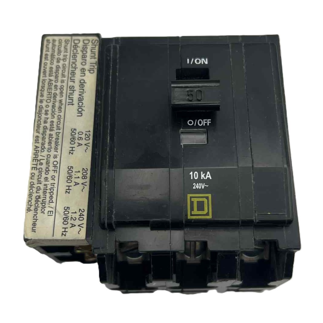 Square D QO 50 Amp, 3 Pole, Bolt-On Circuit Breaker With Shunt Trip, Ring Tongue