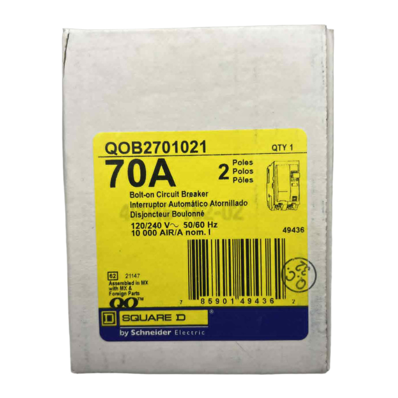 Square D QO 70 Amp, 2 Pole, Bolt-On Circuit Breaker With Shunt Trip