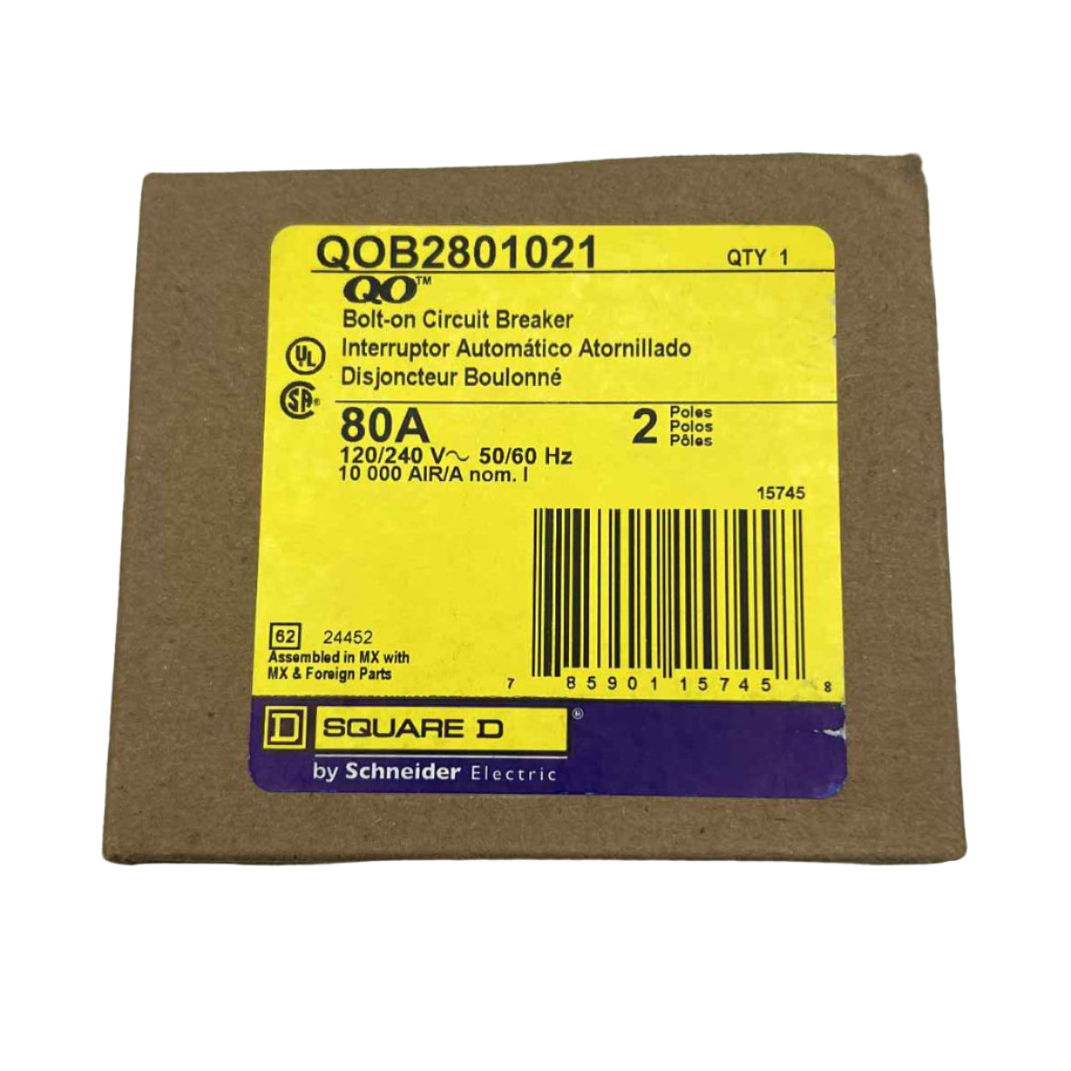 Square D QO 80 Amp, 2 Pole, Bolt-On Circuit Breaker With Shunt Trip