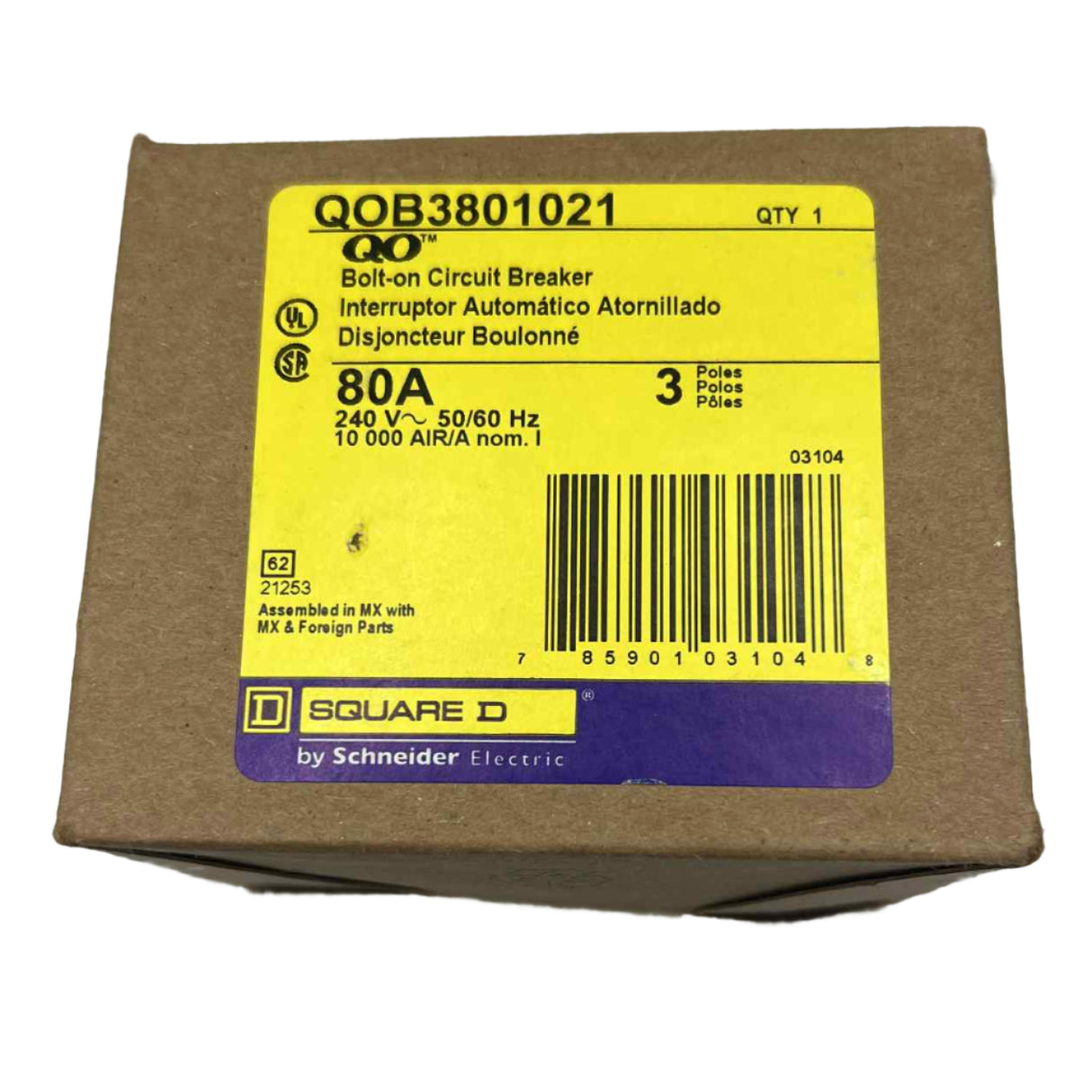 Square D QO 80 Amp, 3 Pole, Bolt-On Circuit Breaker With Shunt Trip