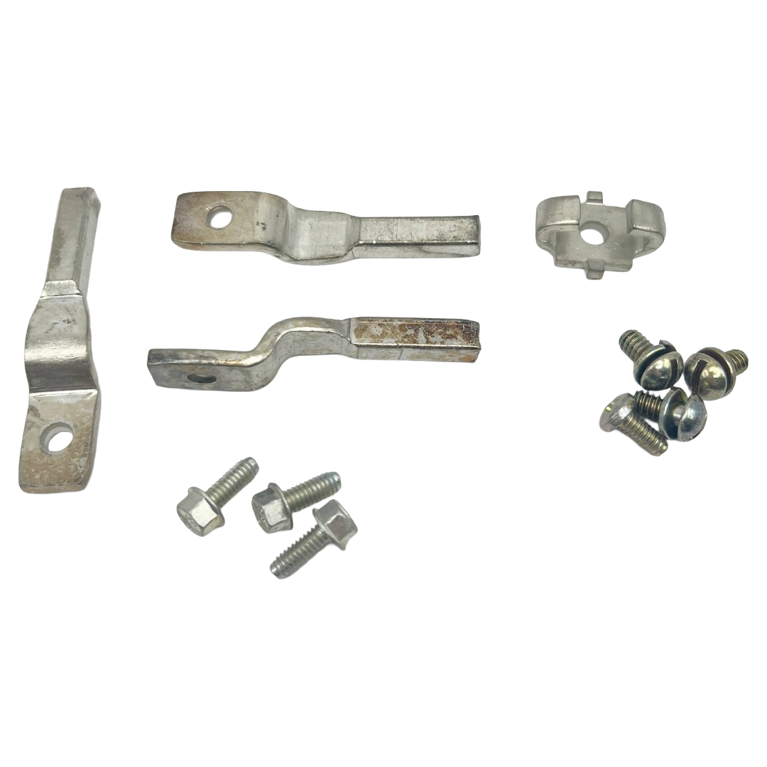 Metal brackets and screws on a white background