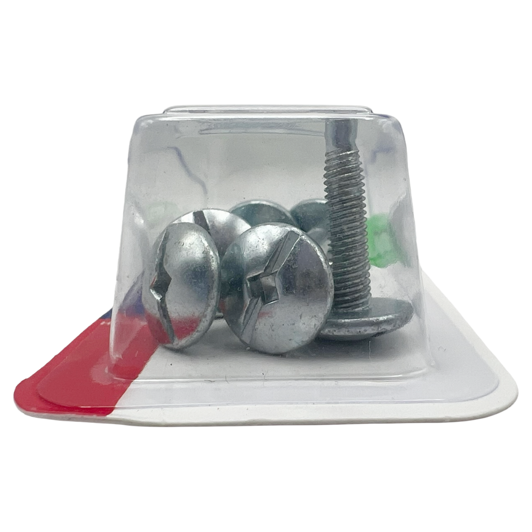 Metal screws in a clear plastic packaging on a white background