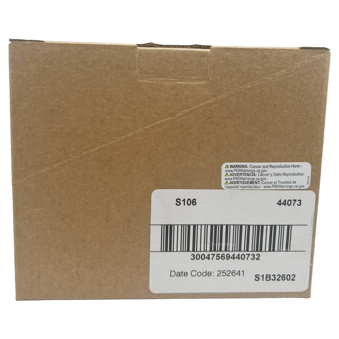 Cardboard box with a barcode label and warning stickers on a white background