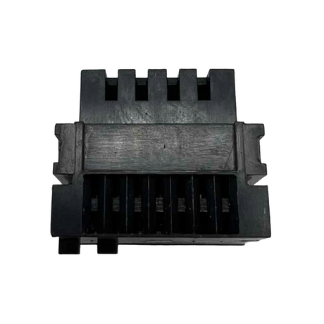 Black plastic component with grooved design on a white background