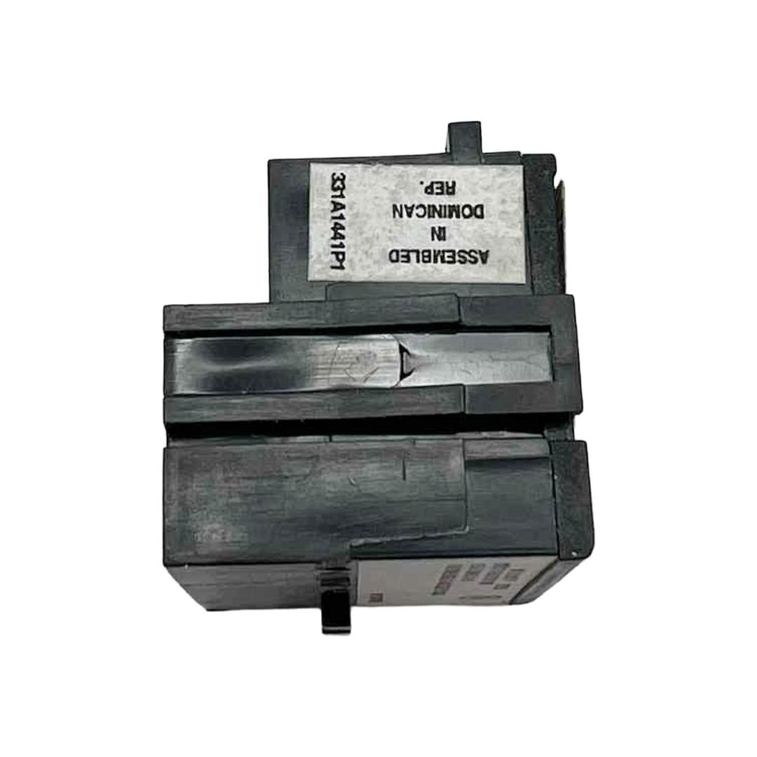 Black mechanical component with text on a white background