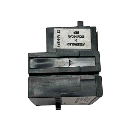 Black mechanical component with text on a white background