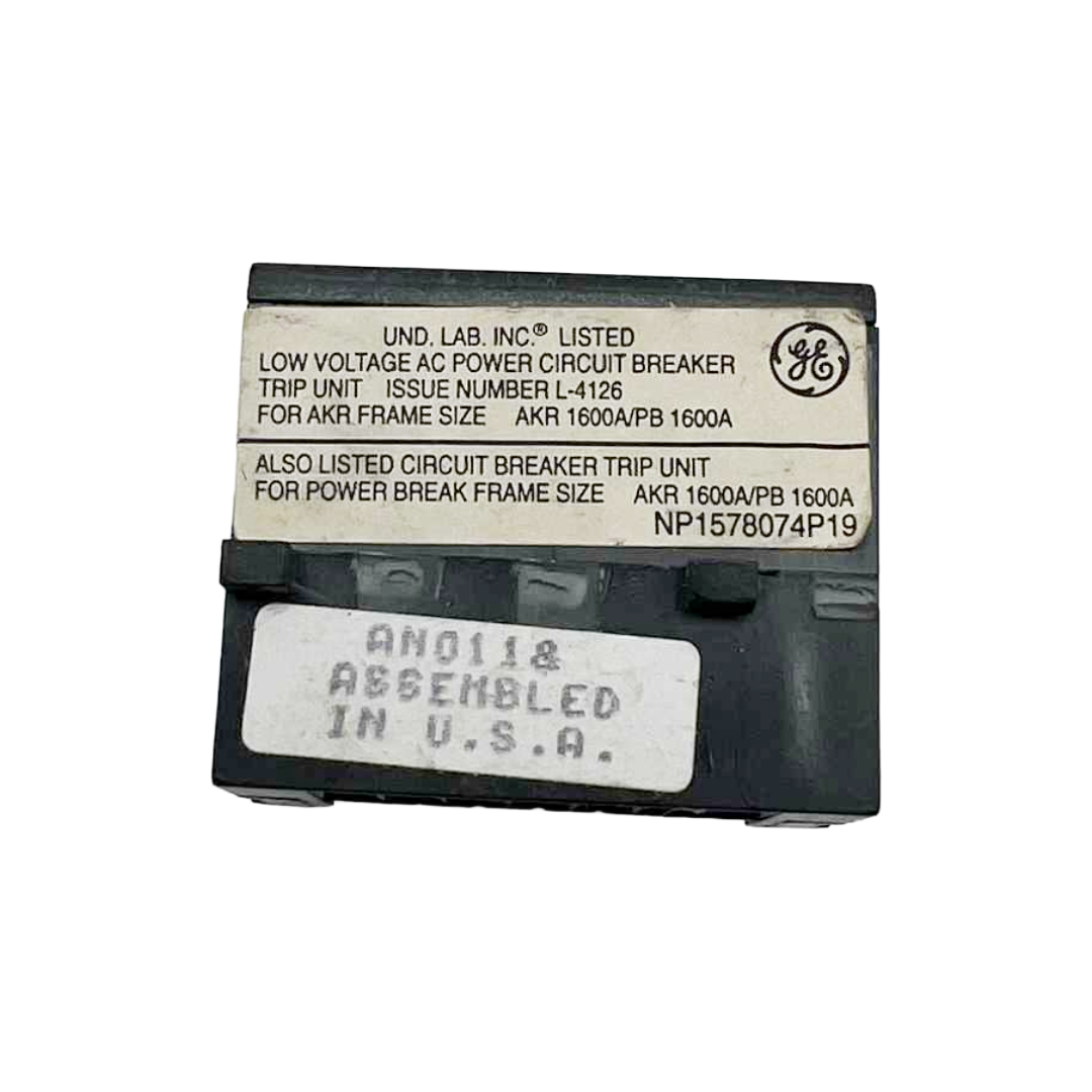 Circuit breaker trip unit with GE logo and text on a white background