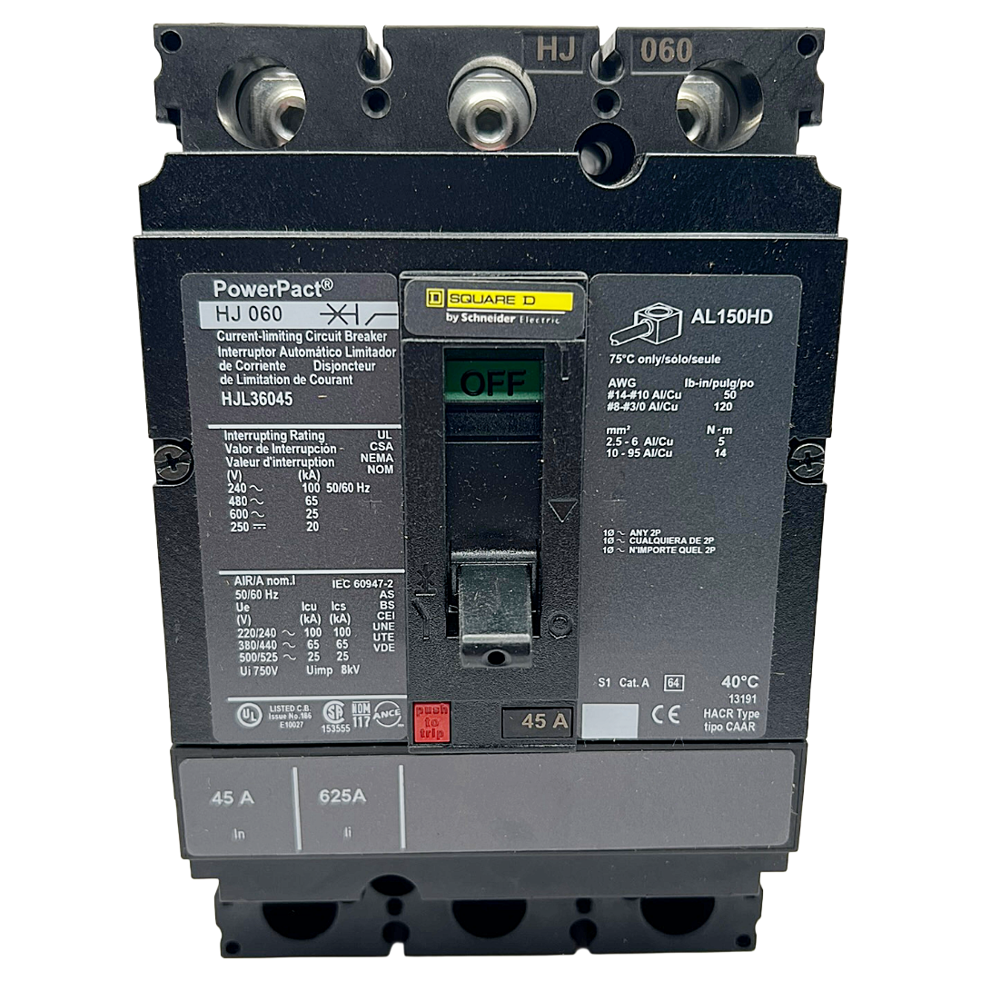 Square D HJL 3 Pole, 45 Amp, 600VAC PowerPact Circuit Breaker