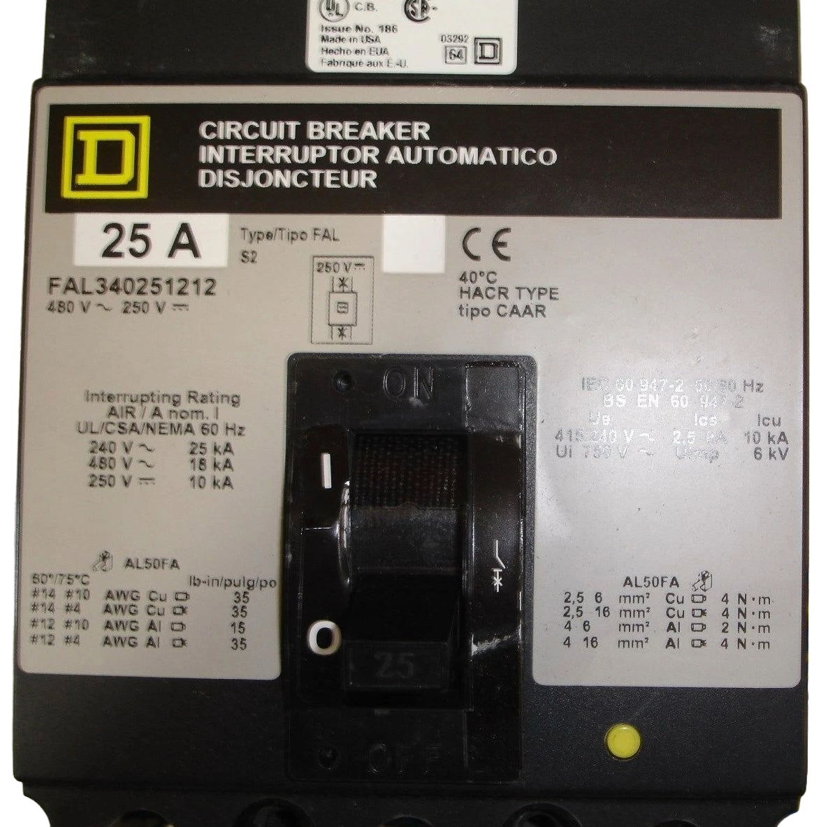 Square D FAL 3 Pole, 25 Amp, 480 Volt Breaker with Aux Switch