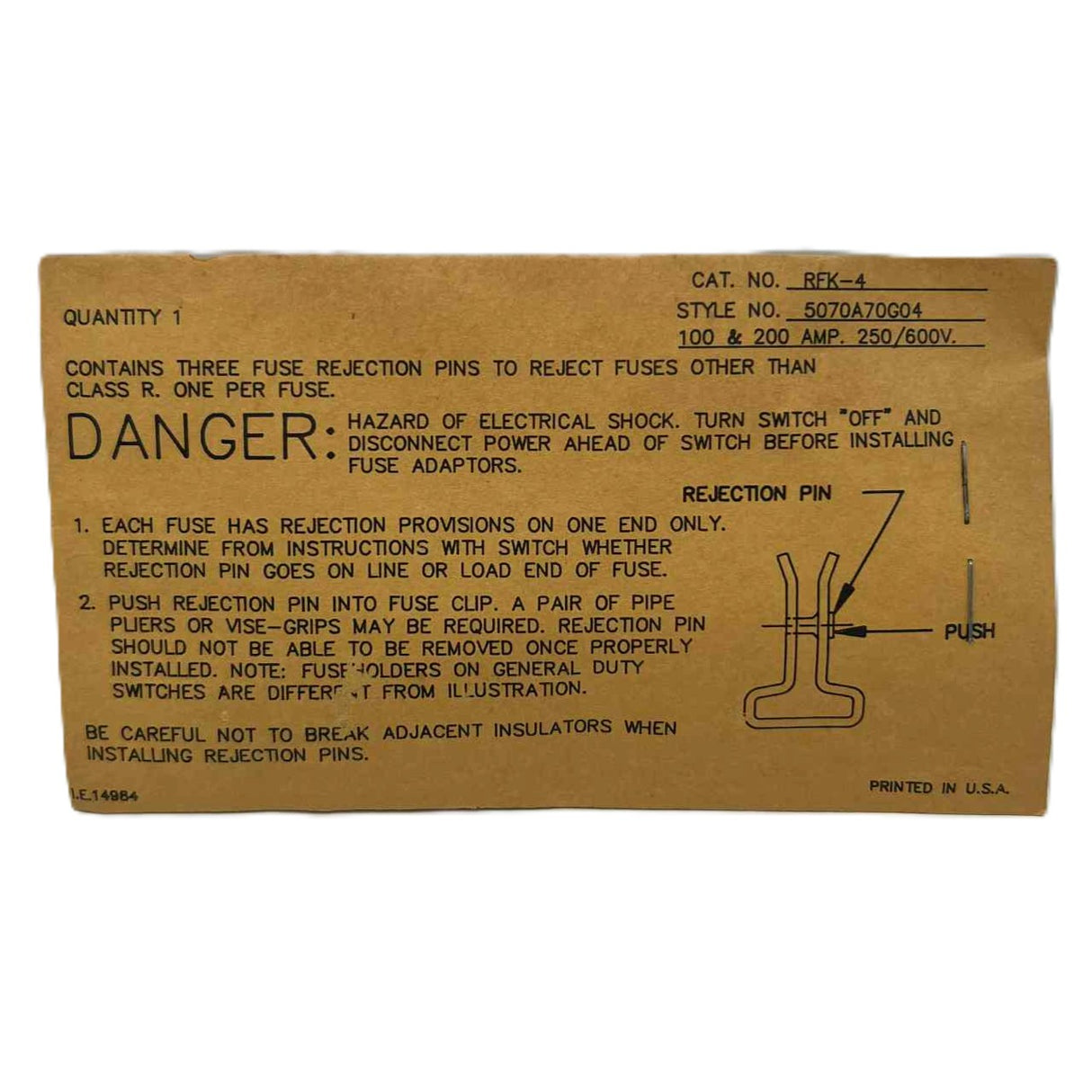 Westinghouse RFK Type R, 100/200 Amp Fuse Rejection Pins