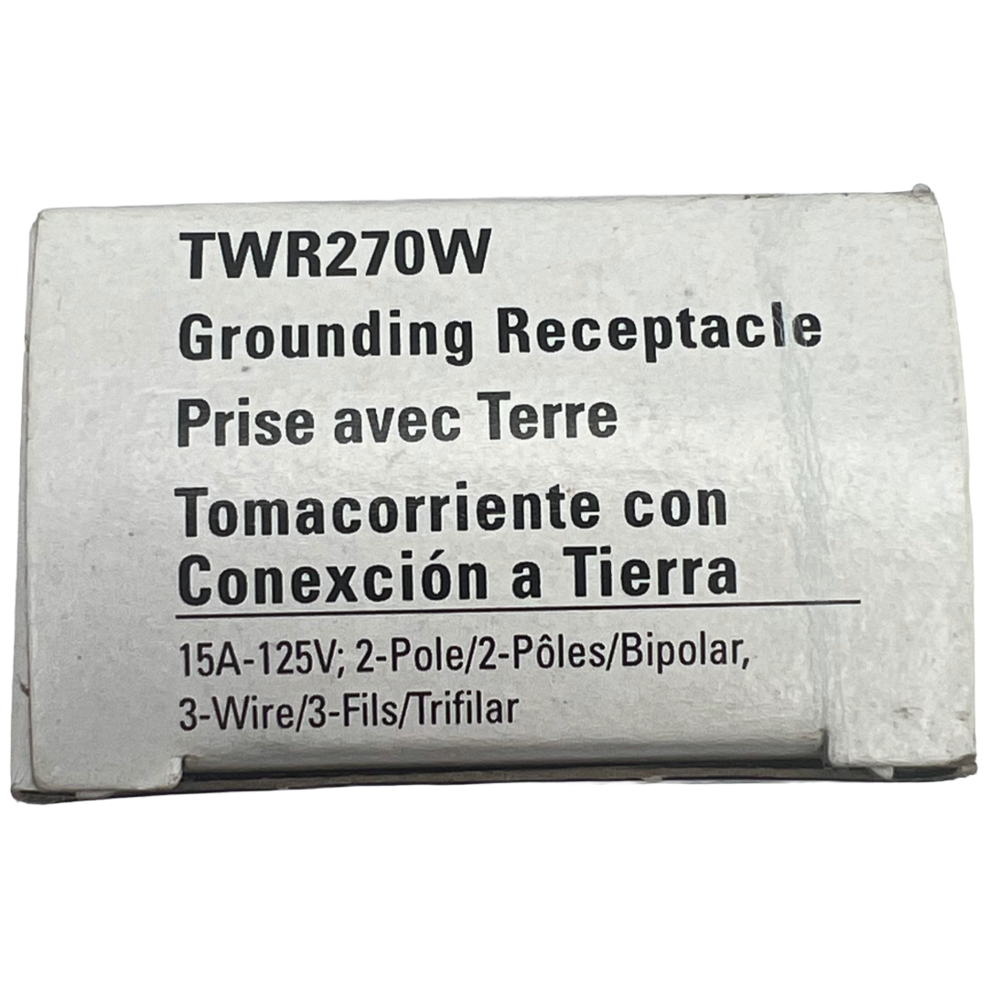Grounding receptacle packaging with text on a white background