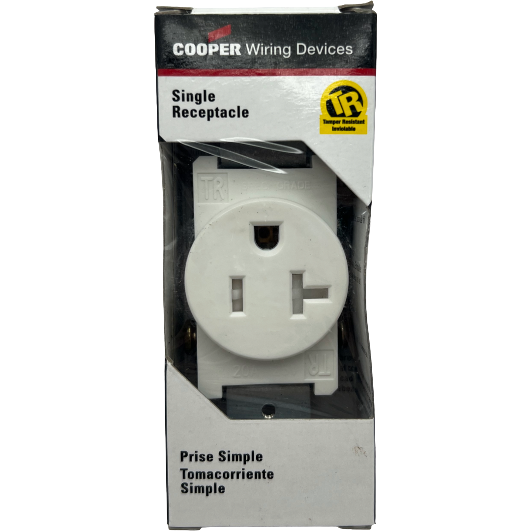 Cooper Wiring Devices single receptacle in packaging on a white background