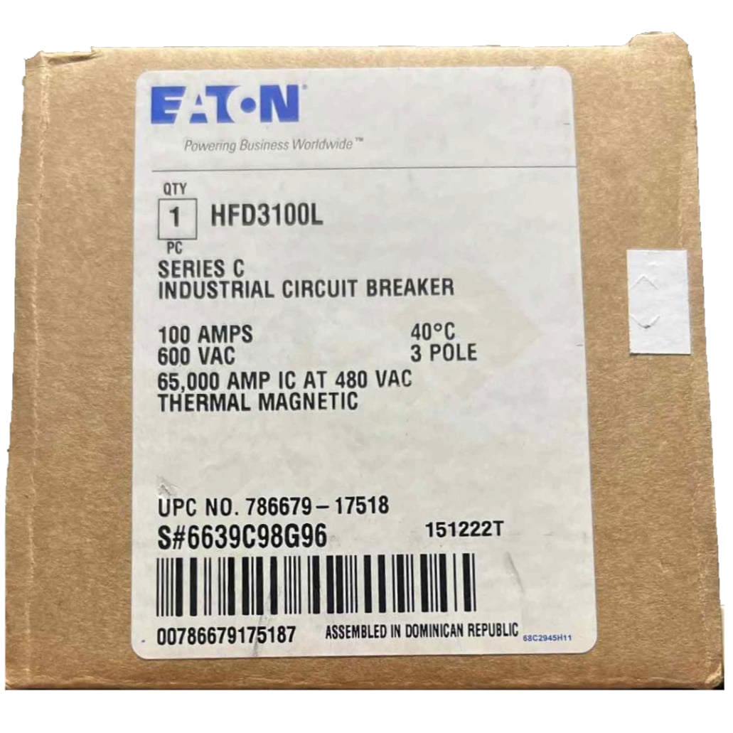 Eaton industrial circuit breaker packaging with label on a white background