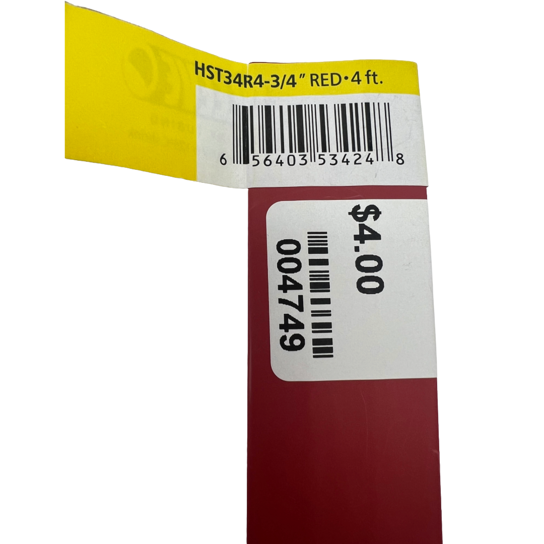 Red measuring tape with yellow and white label displaying product details and price.