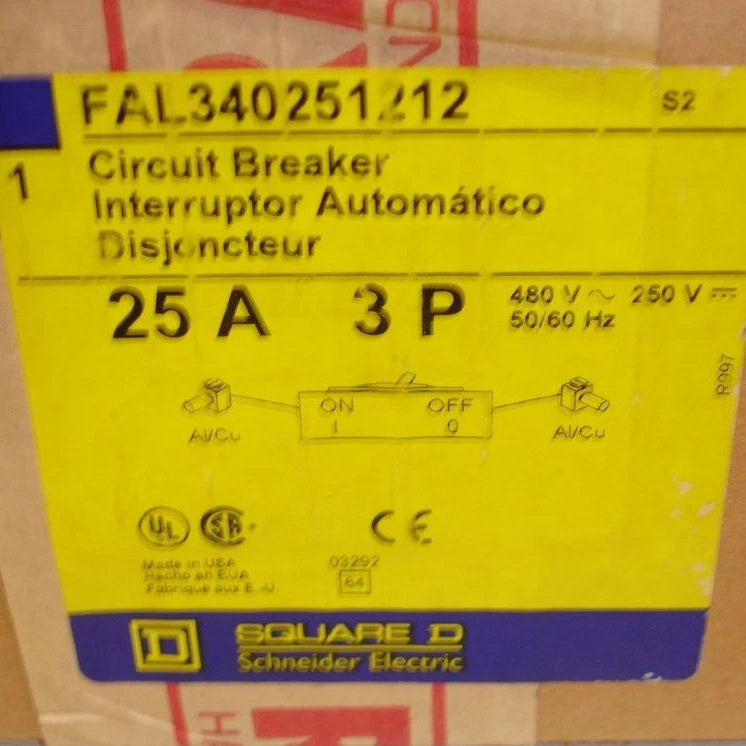 Square D FAL 3 Pole, 25 Amp, 480 Volt Breaker with Aux Switch