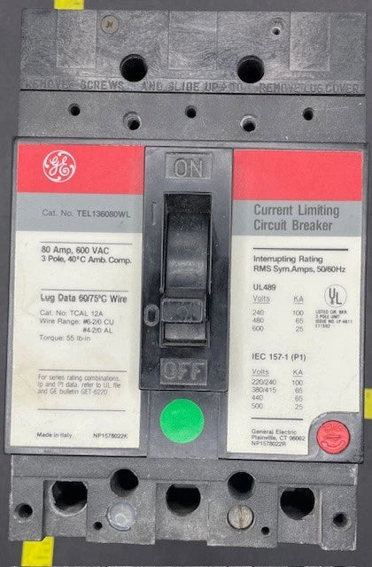 TEL136080WL, GE Circuit Breaker, 80 Amp, 3 Pole, 100KA at 240VAC
