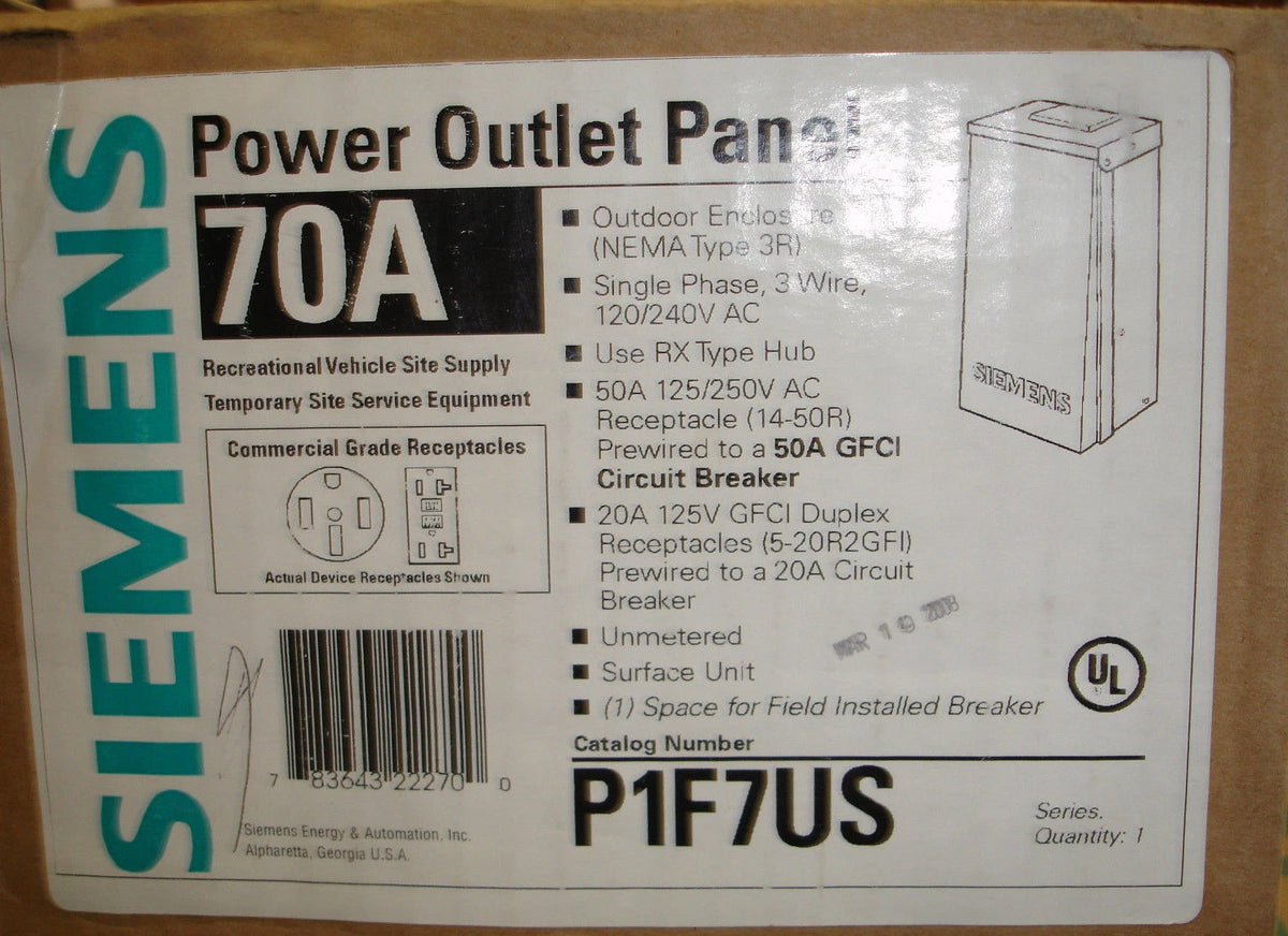 NEW Siemens P1F7US Outdoor Power outlet box 20 & 50 Amp GFI Receptacles