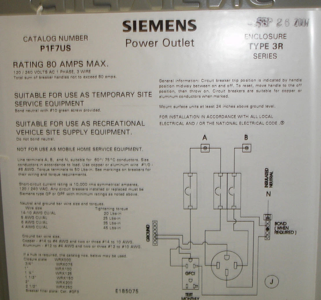 NEW Siemens P1F7US Outdoor Power outlet box 20 & 50 Amp GFI Receptacles