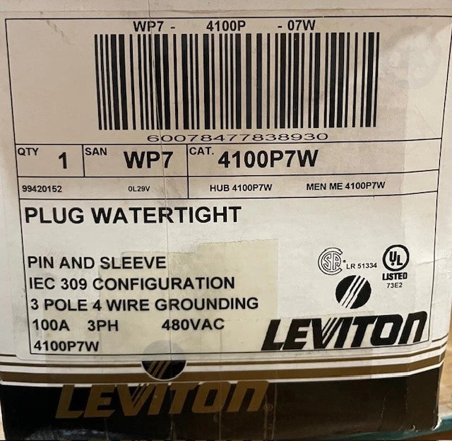 Share Leviton Watertight Plug, Pin and Sleeve, 4100P7W, 100 A, 3P4W 480VAC