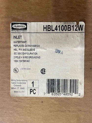HBL4100B12W, 3P, 4W, 100 Amp, 125/250VAC, Hubbell Inlet ARCK ELECTRICAL S