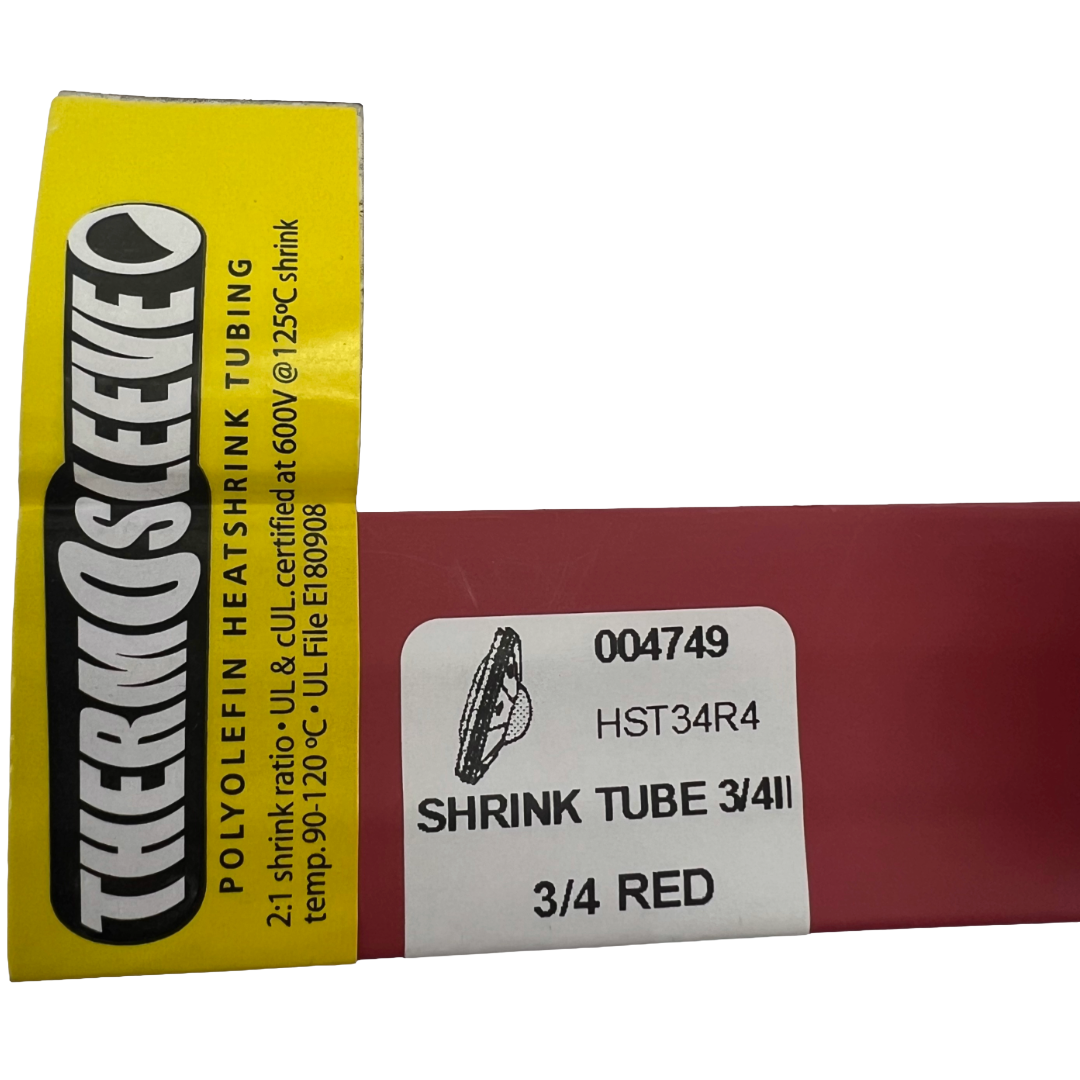 Red shrink tube with yellow label featuring ThermoSleeve branding on a white background
