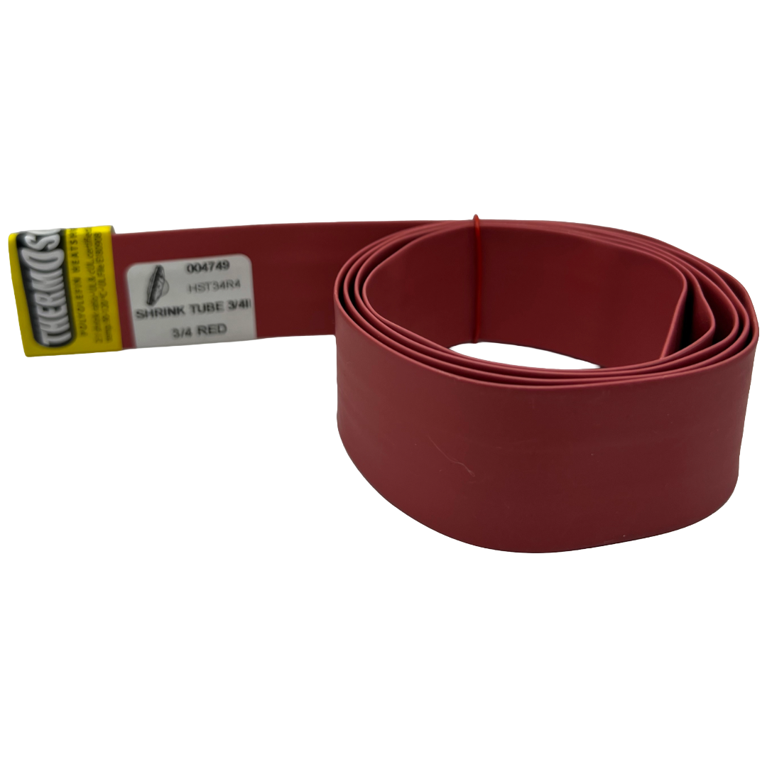 Red shrink tube with a label on a white background