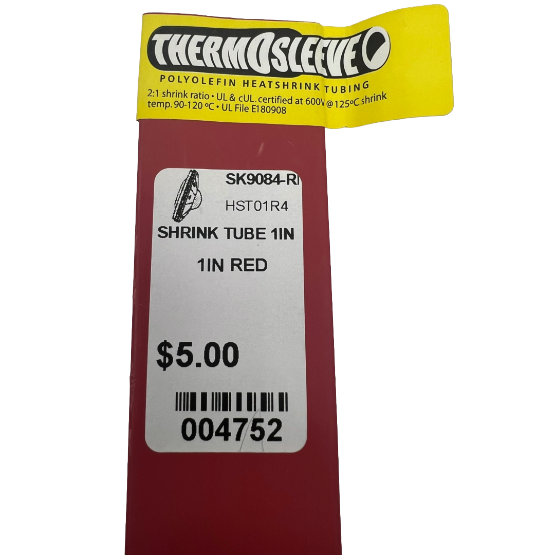Red shrink tube with yellow label and price tag on a white background