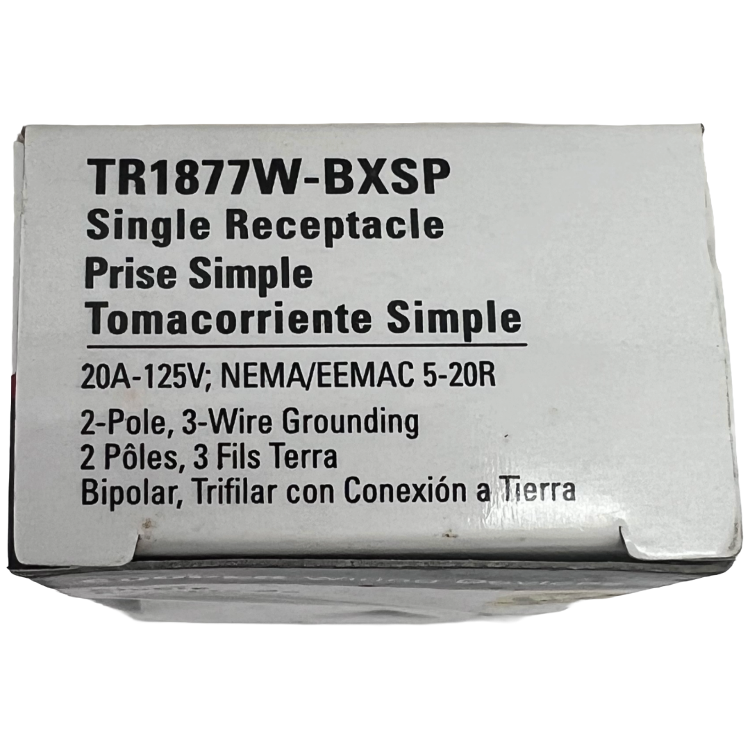 Electrical receptacle packaging with technical specifications on a white background