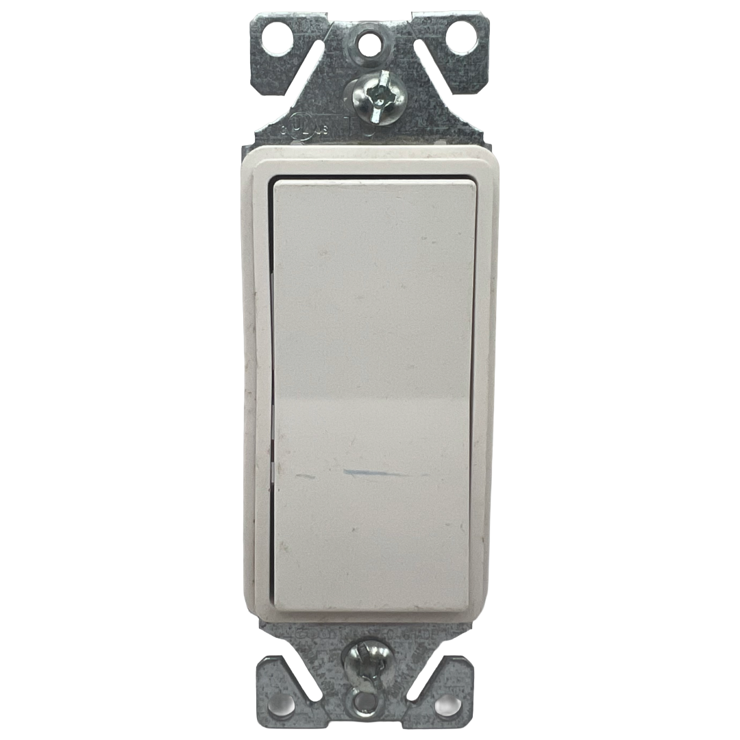 Light switch plate with metal bracket on a white background