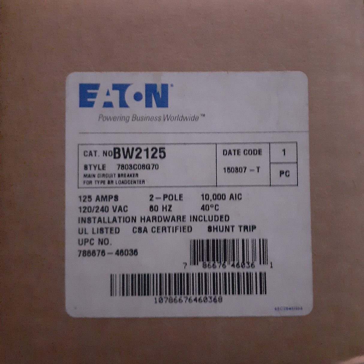 Eaton BW 2 Pole, 125 Amp Bolt-On Main Circuit Breaker