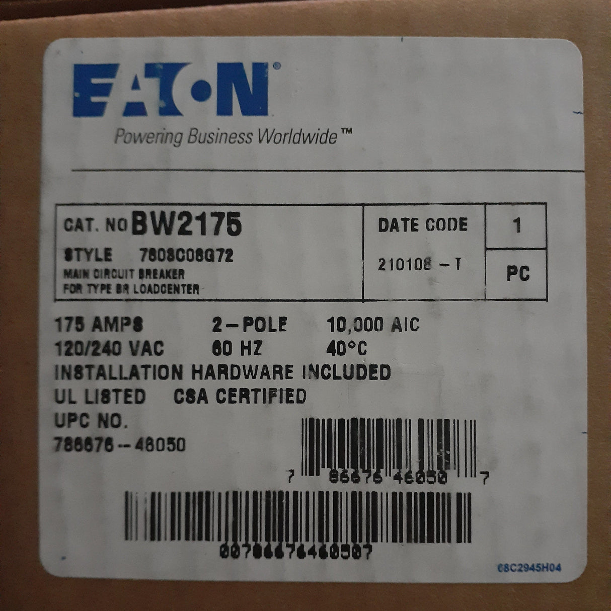 Eaton BW 2 Pole, 175 Amp Bolt-On Main Circuit Breaker