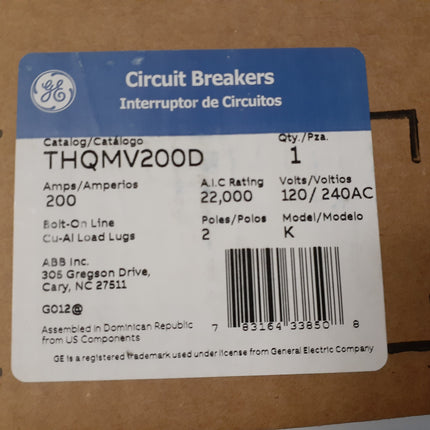 GE THQMV200D - 200 Amp Bolt-On Main Circuit Breaker