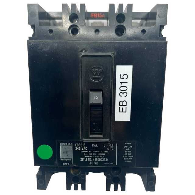 Electrical breaker with label 'EB 3015' on a white background