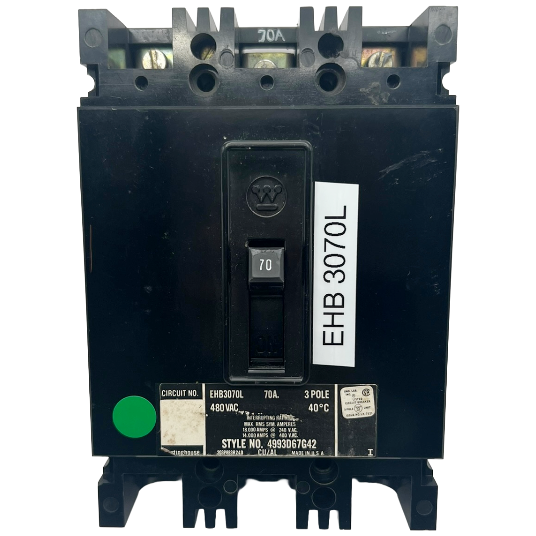 Black electrical circuit breaker with labels and markings on a white background