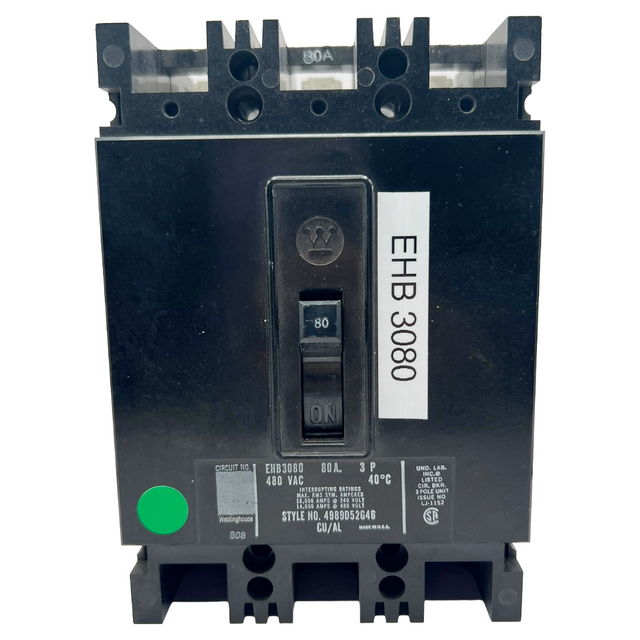 Electrical circuit breaker with label 'EHB 3080' on a white background